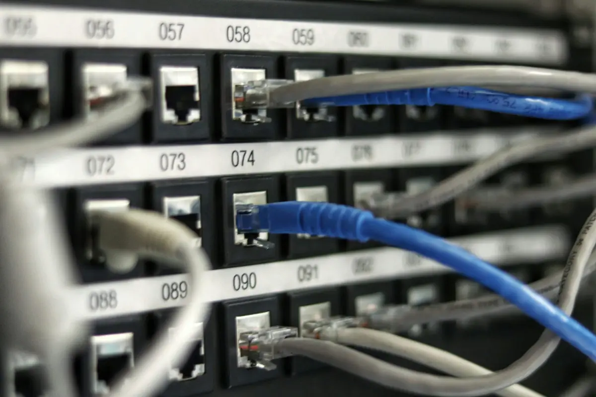 Ethernet cables connected to numbered network switch ports