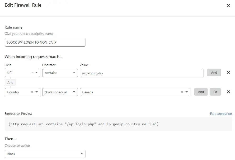Cloudflare firewall rule blocking wp-login.php requests from countries other than Canada