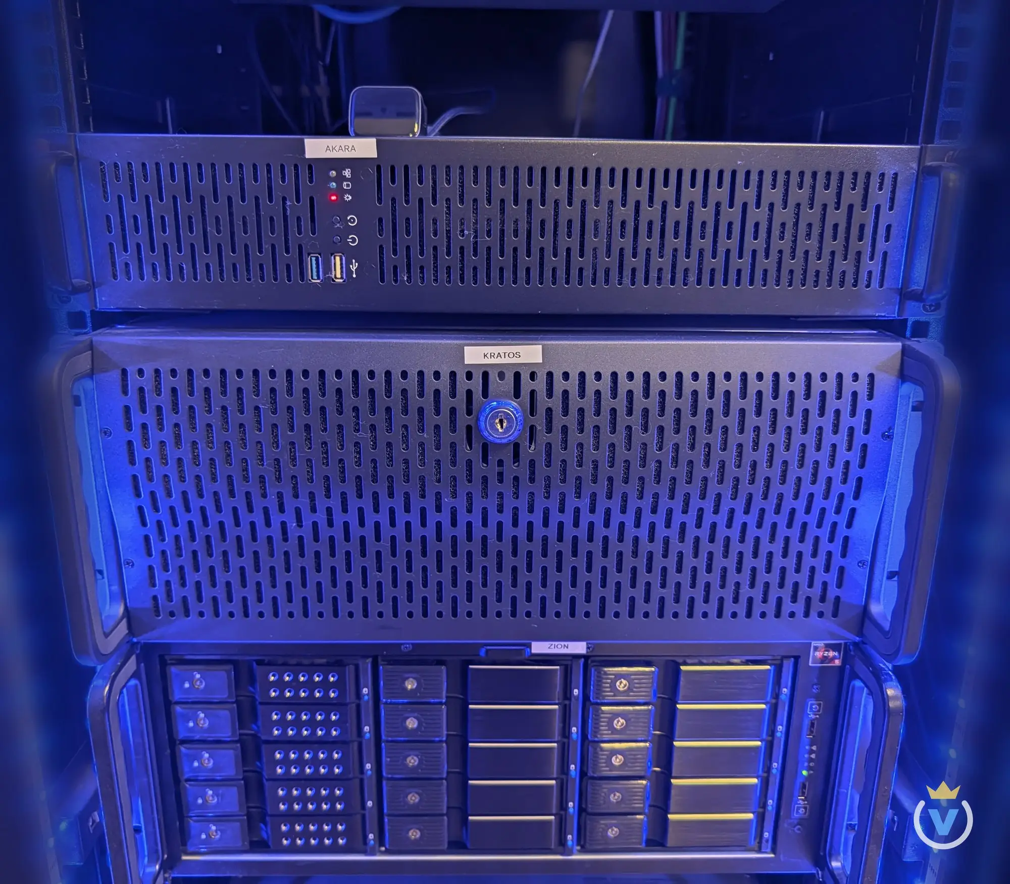 The server stack: AKARA in 2U, KRATOS in 4U with a keyed front, and ZION with its hot-swap bays.