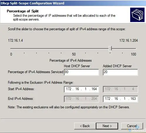 DHCP split-scope wizard dividing addresses 80 percent and 20 percent between two servers