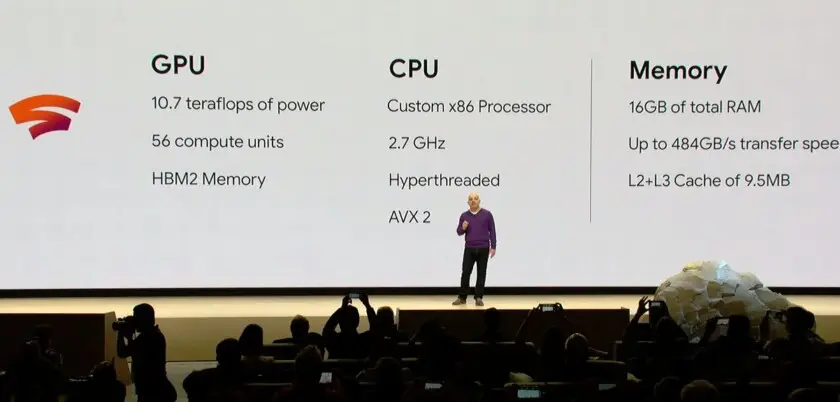 Google Stadia presentation listing GPU, CPU and memory specifications