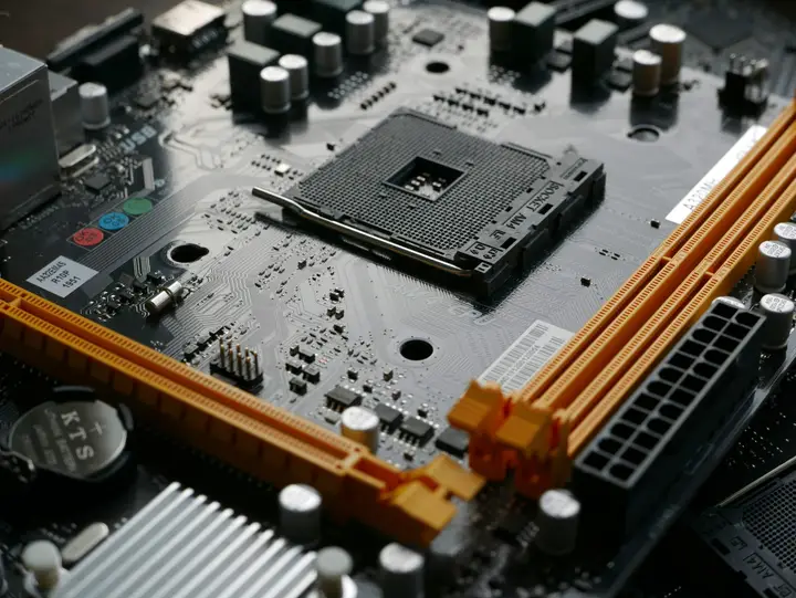 Processor socket and memory slots on a computer motherboard