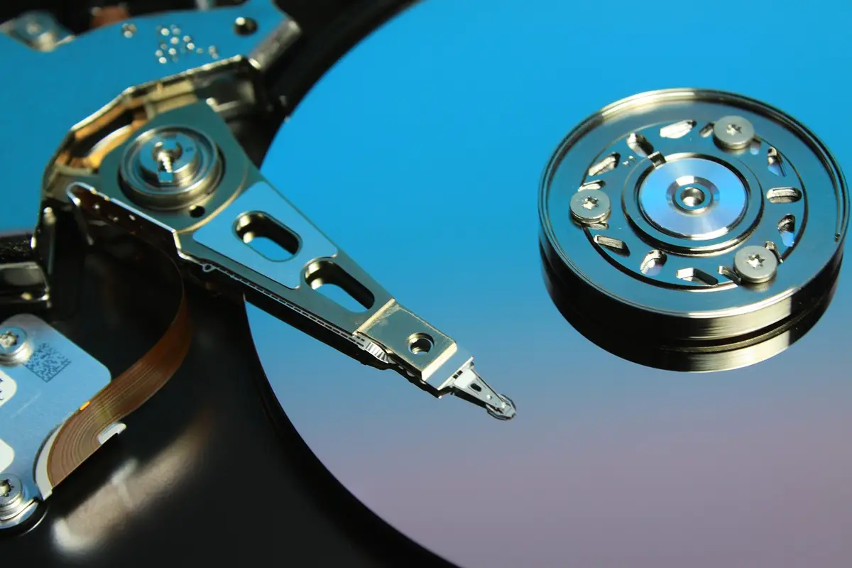 Close-up of a hard drive platter and read-write head