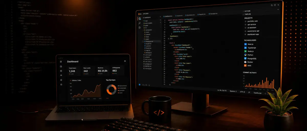 Dark workstation with a laptop and a monitor displaying code
