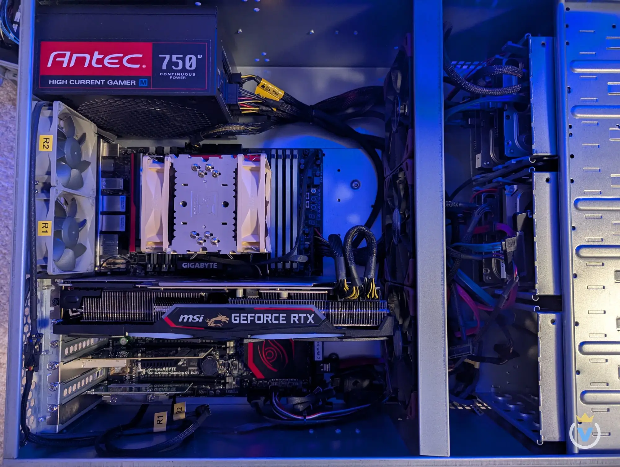 Inside KRATOS: an Antec 750 W supply, a Gigabyte X99 board under a twin-fan Noctua cooler and an MSI GeForce RTX 2080.