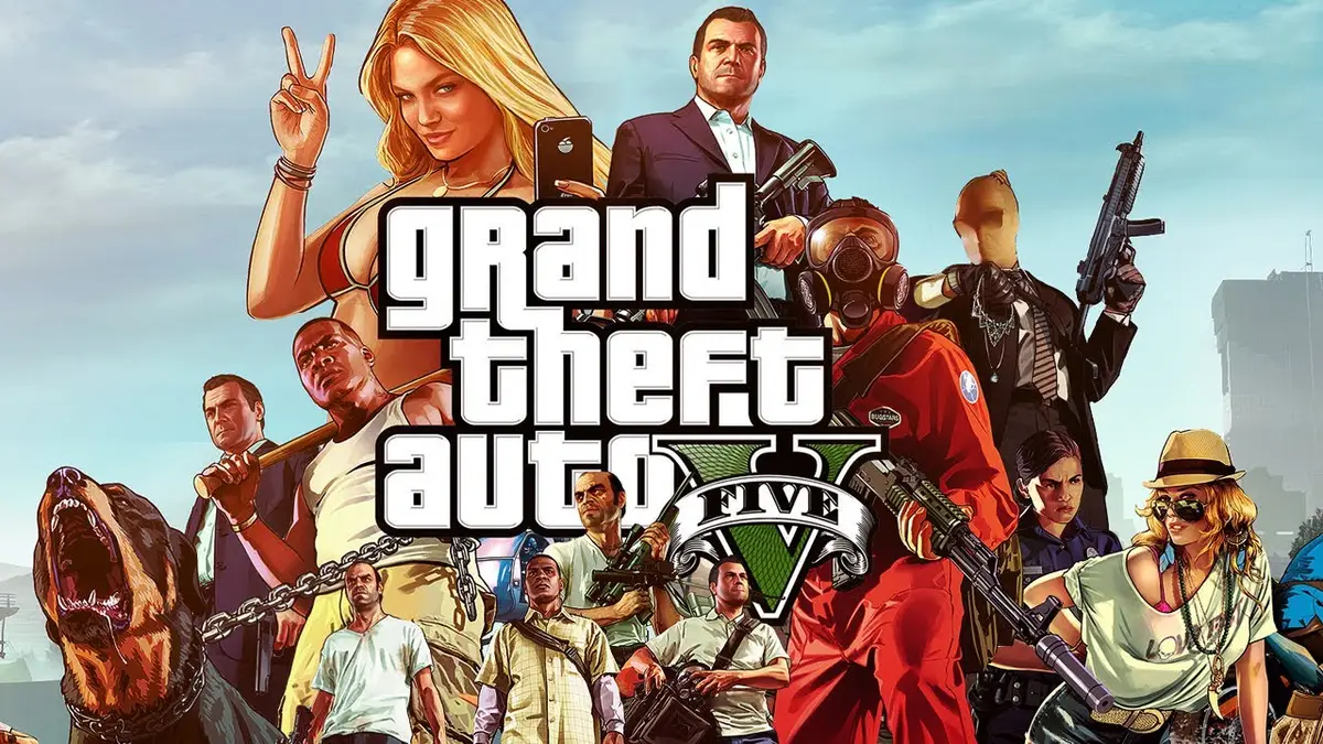 Grand Theft Auto V logo surrounded by illustrated characters