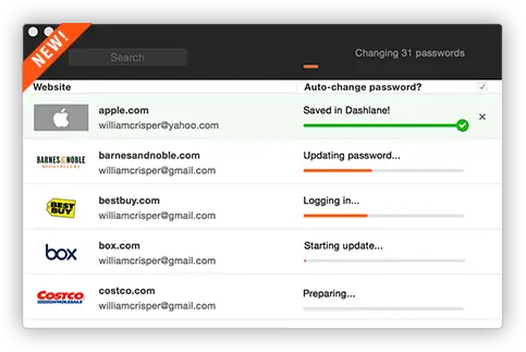 Password changes are running across several websites, with individual progress indicators.