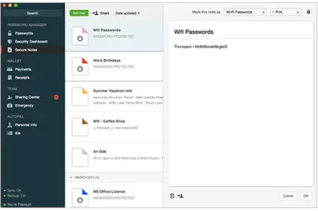 Dashlane Secure Notes interface with a selected Wi-Fi password note
