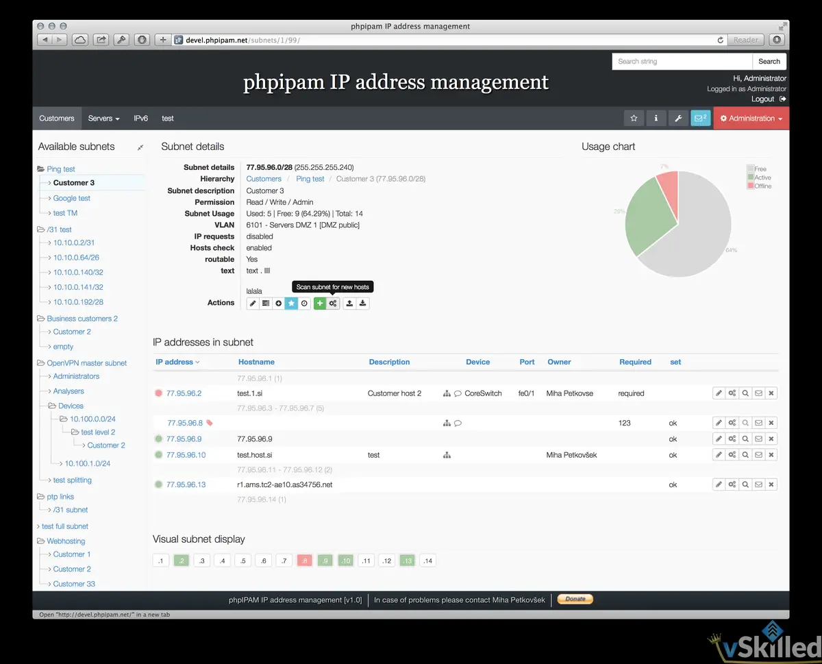 phpIPAM subnet view with IP addresses, availability indicators and a usage chart