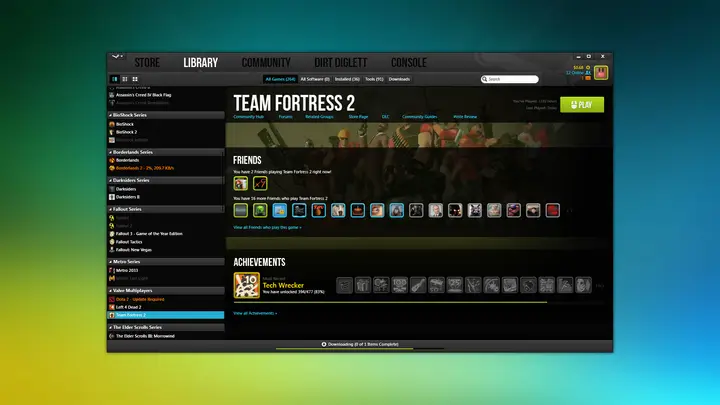 Steam Pressure skin showing the game library, friends and achievements