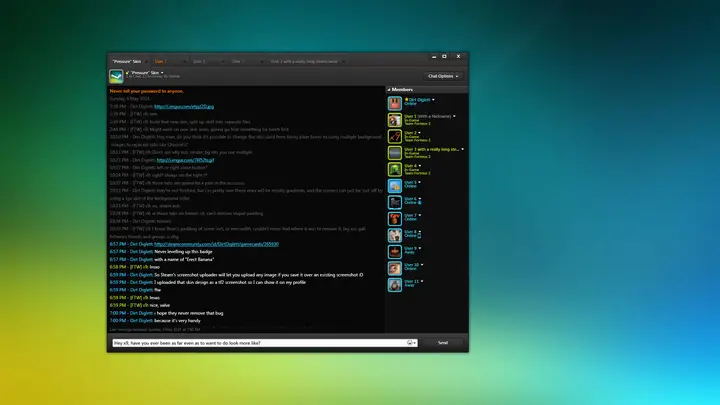 Dark Steam group chat window with a member list and message field