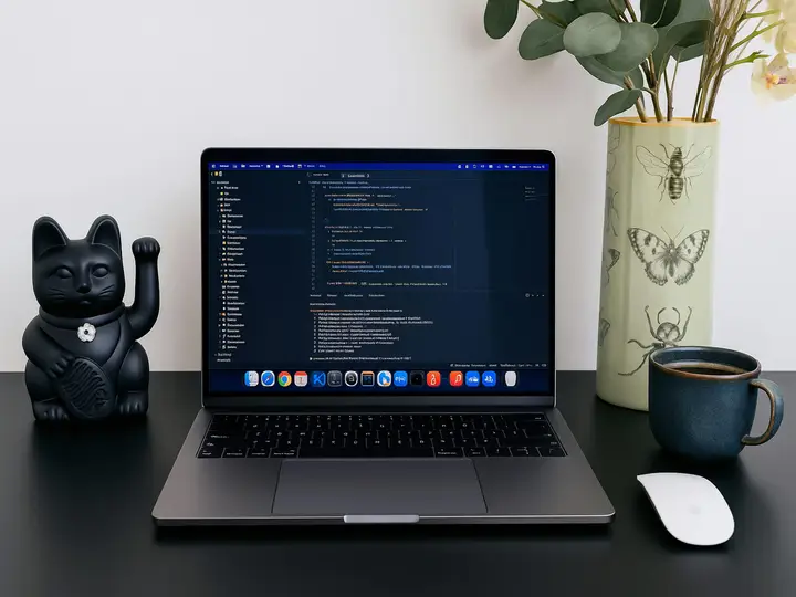 Laptop displaying code beside a plant and a cat figurine