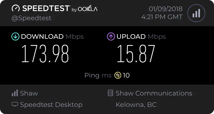 Shaw Speedtest result: 173.98 Mbps download, 15.87 Mbps upload and 10 ms ping