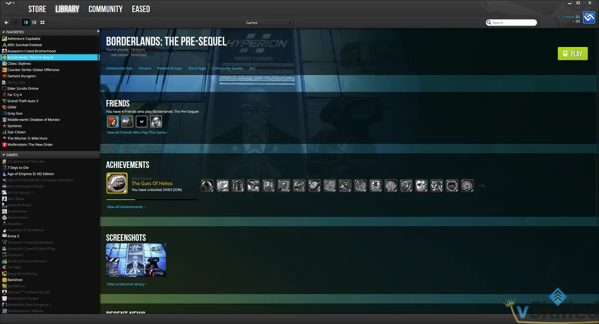 Steam library using the Pressure skin with Borderlands: The Pre-Sequel selected