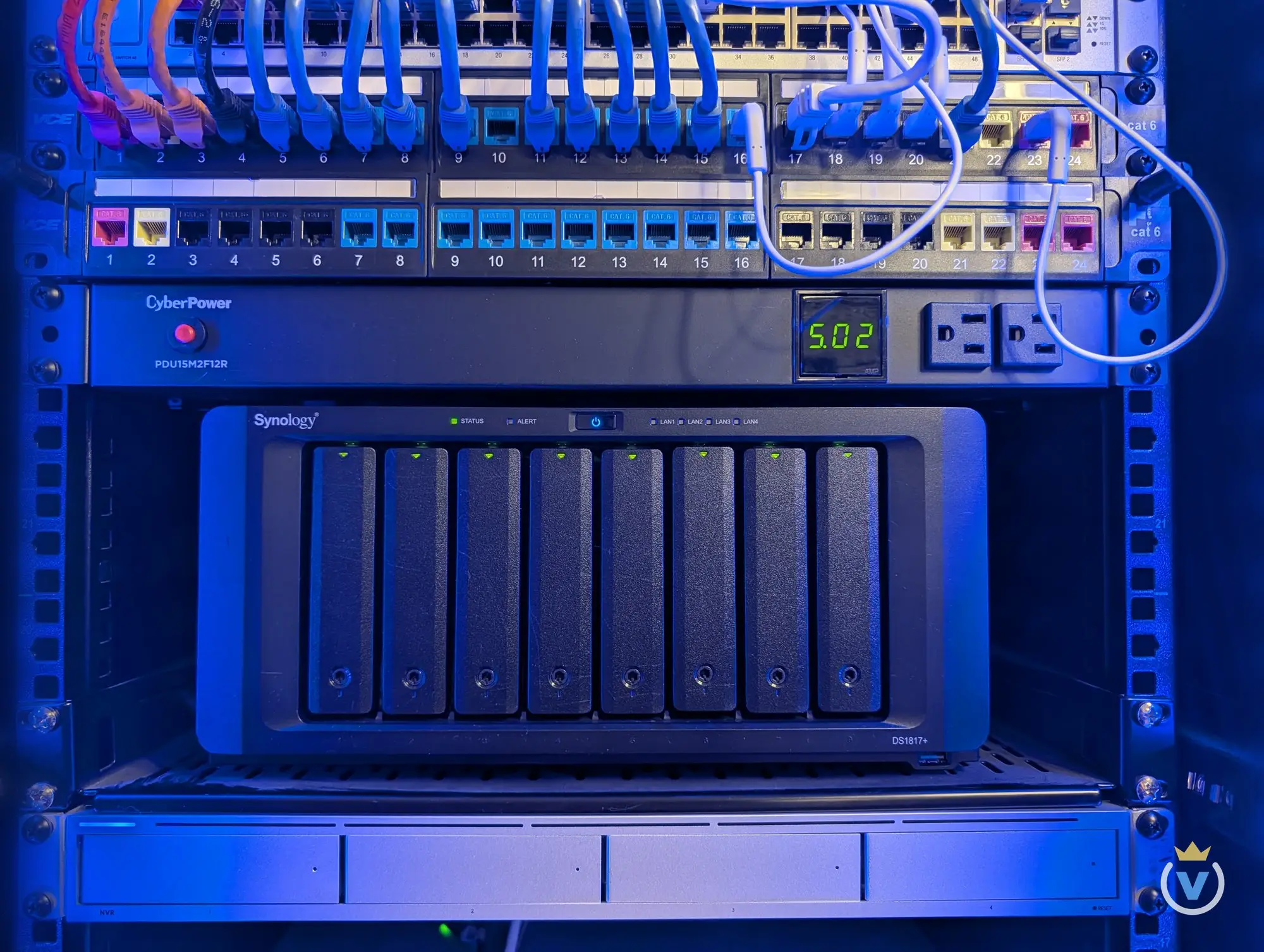 The Synology DS1817+ with all eight bays lit, on its shelf under the patch panels and the CyberPower PDU.