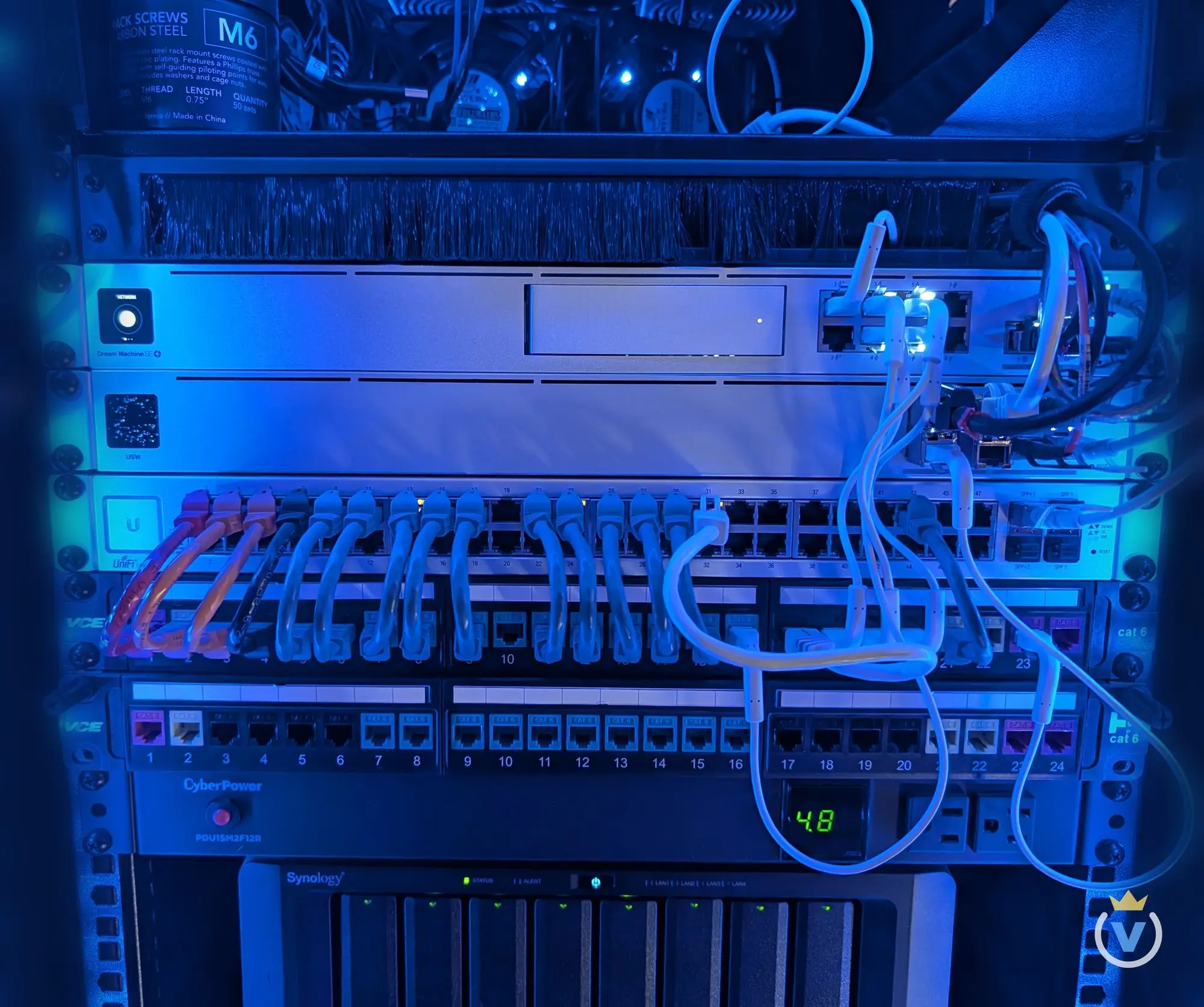 The top of the rack: a reserved shelf, a brush panel, the UDM-SE, the USW-Aggregation and the US-48, two Cat6 patch panels, the CyberPower PDU and the Synology below.