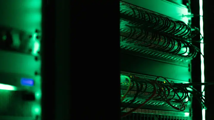 Network patch panels and cabling illuminated in green