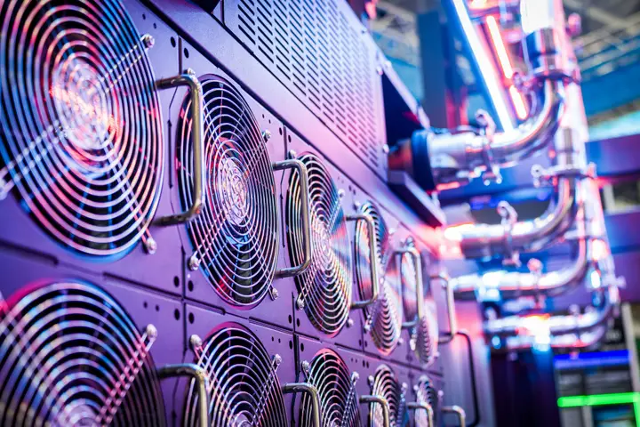 Rows of cooling fans on rack-mounted computing equipment