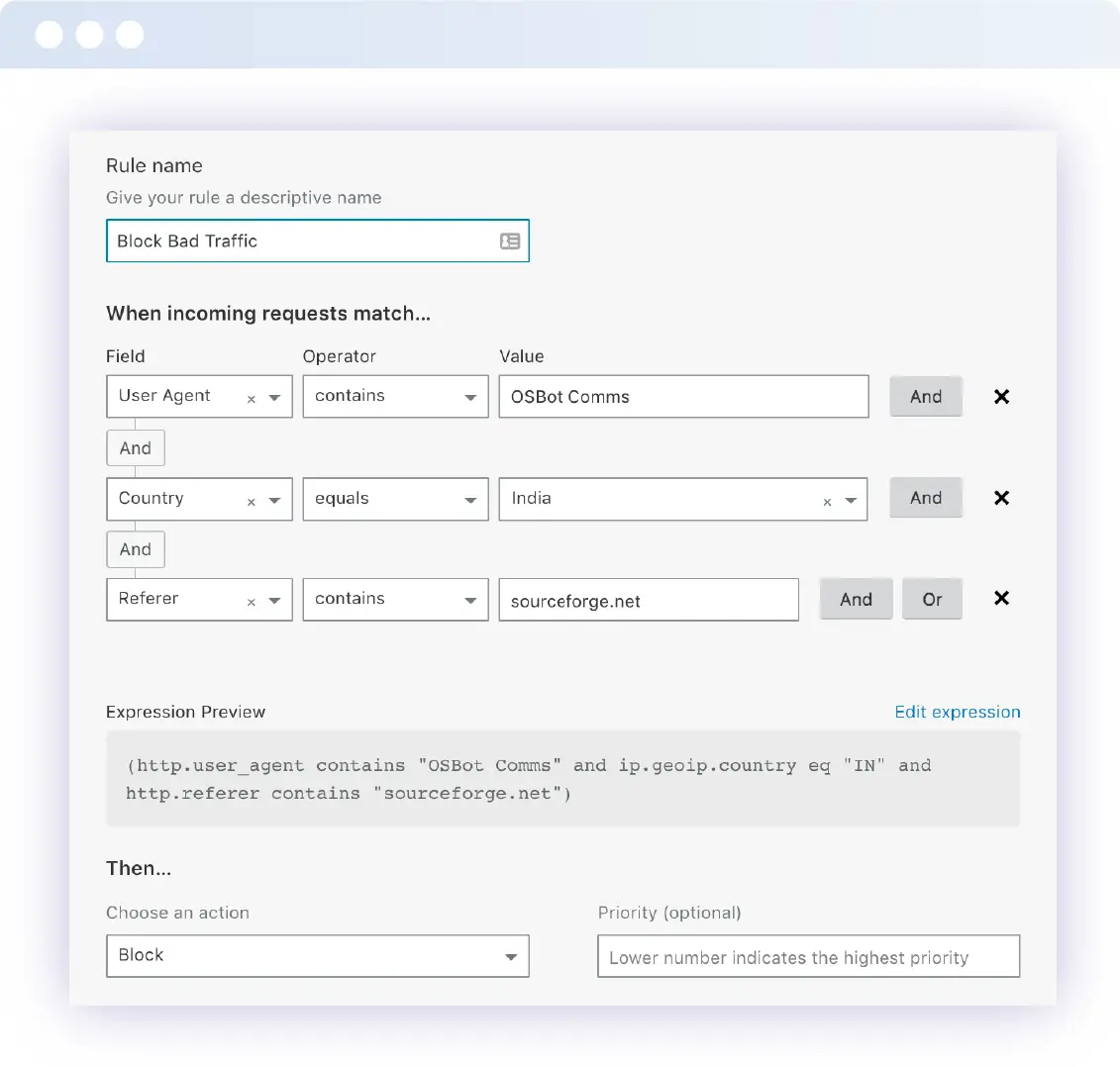 Cloudflare firewall rule editor with user agent, country and referrer conditions