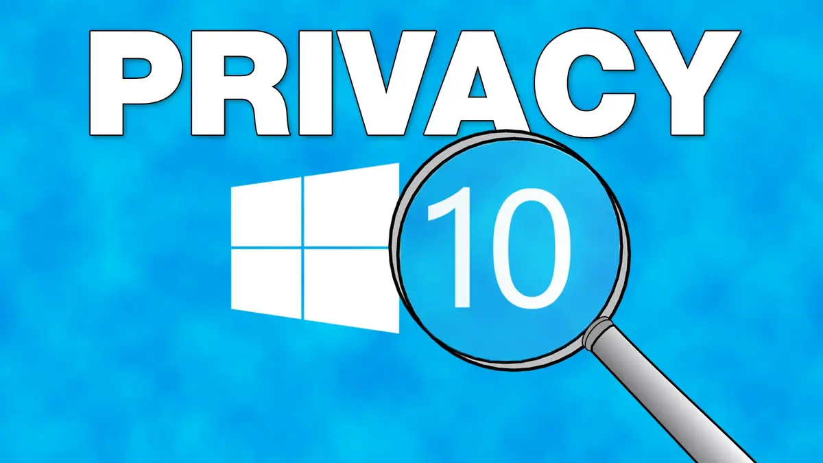 Windows 10 privacy illustration with a magnifying glass over the Windows logo