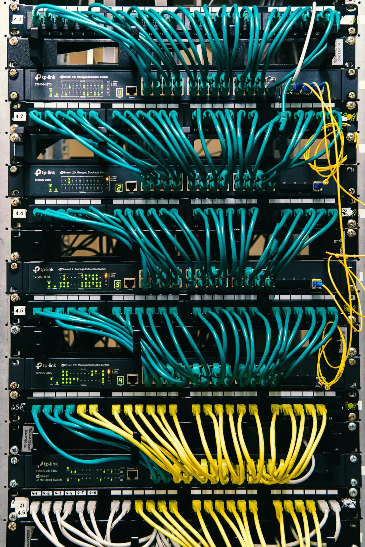 Network rack with neatly routed turquoise patch cables