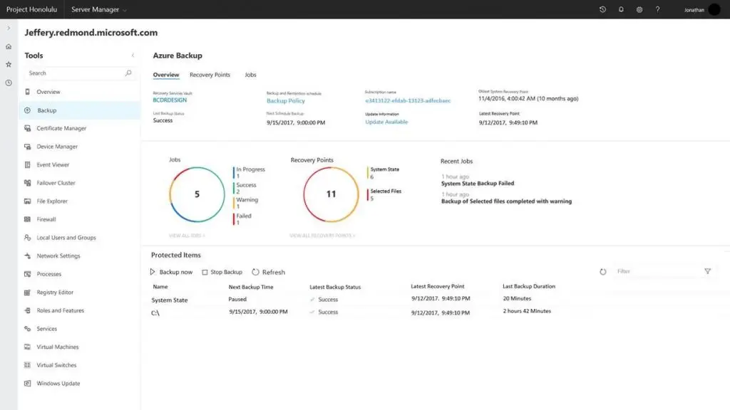 Project Honolulu server management interface showing Azure Backup status